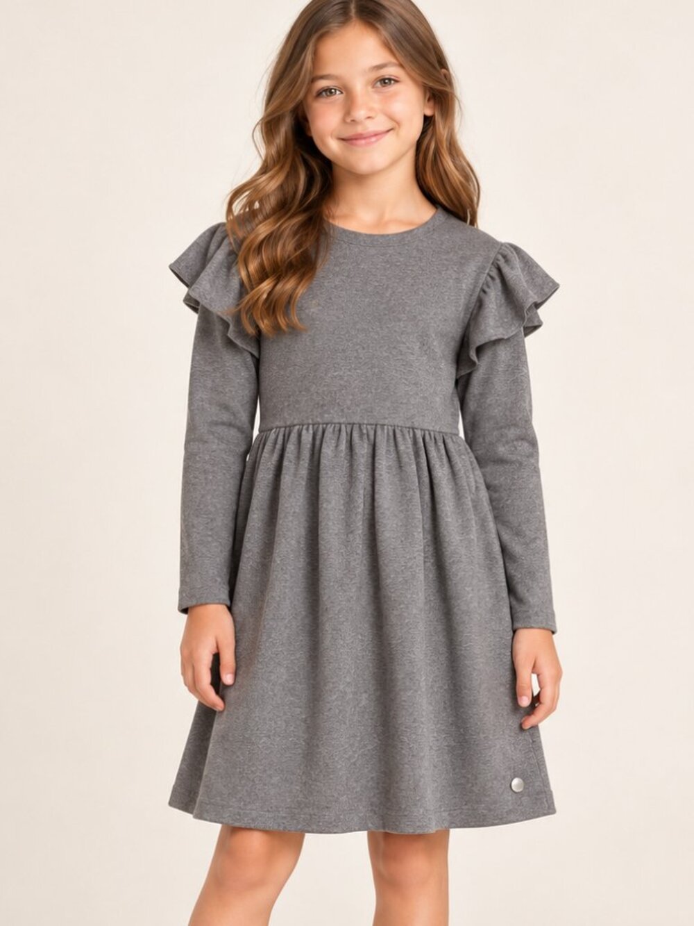 Girls Gray Ruffle Long Sleeve Dress Size 9-10